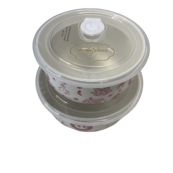 Grace Teaware Ceramic Bowl Set w/ Lids Holiday Themed Design Red Toile - Picture 2 of 6